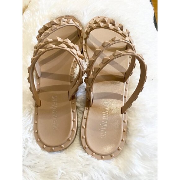 Olivia Miller Tulum Jelly Studded Sandals Sz 6 Nude Strappy Slip On Flat - Picture 3 of 8